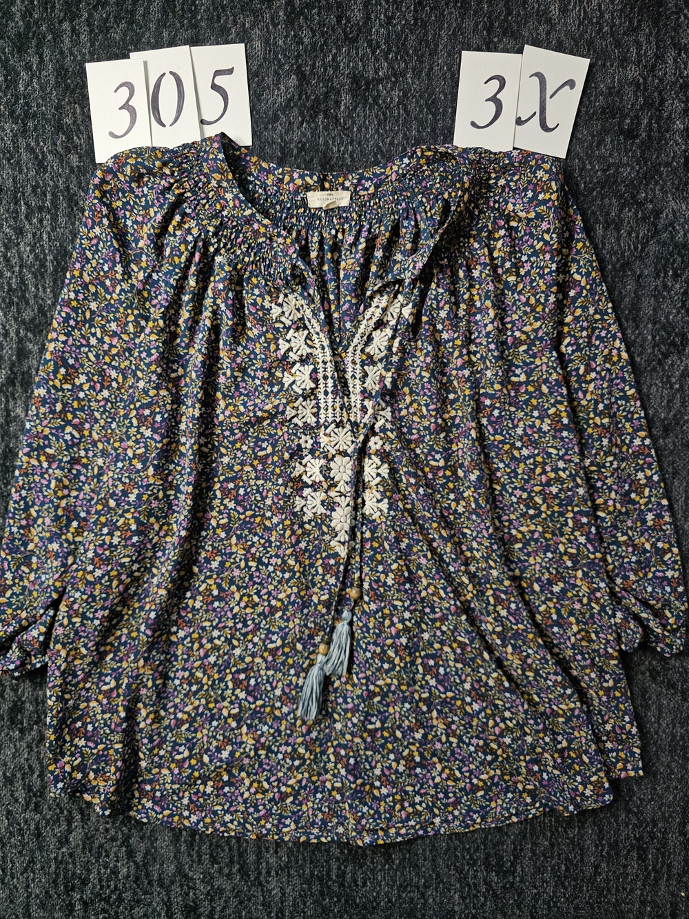 Embroidered Floral Peasant Tunic - Navy Multi